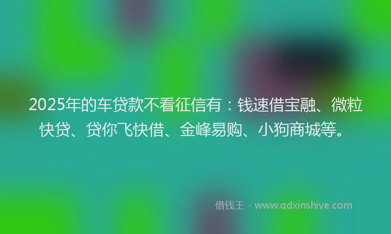 2025年的车贷款不看征信有：钱速借宝融、微粒快贷、贷你飞快借、金峰易购、小狗商城等。