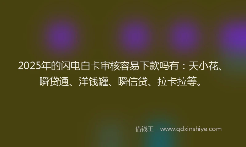 2025年的闪电白卡审核容易下款吗有：天小花、瞬贷通、洋钱罐、瞬信贷、拉卡拉等。
