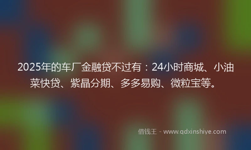 2025年的车厂金融贷不过有：24小时商城、小油菜快贷、紫晶分期、多多易购、微粒宝等。