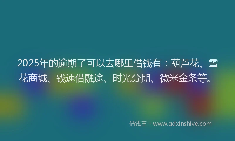 2025年的逾期了可以去哪里借钱有：葫芦花、雪花商城、钱速借融途、时光分期、微米金条等。