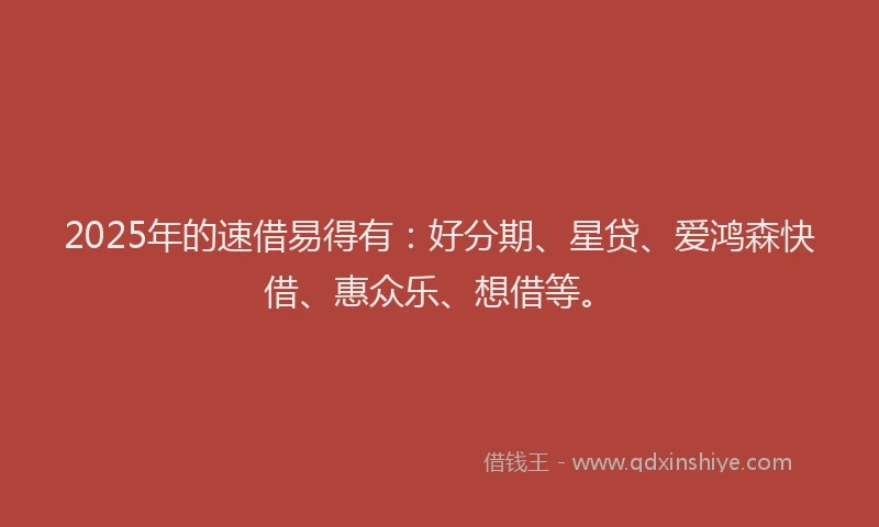 2025年的速借易得有：好分期、星贷、爱鸿森快借、惠众乐、想借等。