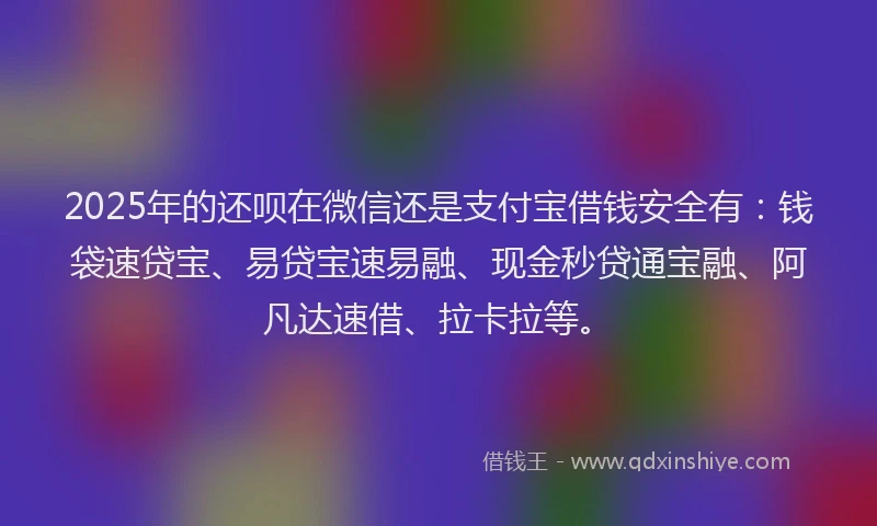 2025年的还呗在微信还是支付宝借钱安全有：钱袋速贷宝、易贷宝速易融、现金秒贷通宝融、阿凡达速借、拉卡拉等。