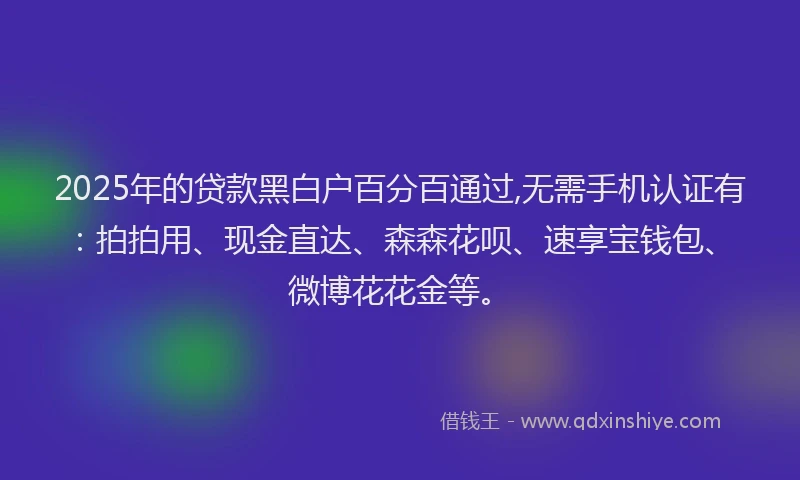 2025年的贷款黑白户百分百通过,无需手机认证有：拍拍用、现金直达、森森花呗、速享宝钱包、微博花花金等。