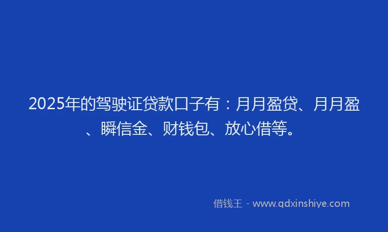 2025年的驾驶证贷款口子有：月月盈贷、月月盈、瞬信金、财钱包、放心借等。
