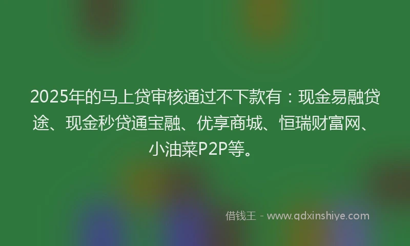 2025年的马上贷审核通过不下款有：现金易融贷途、现金秒贷通宝融、优享商城、恒瑞财富网、小油菜P2P等。