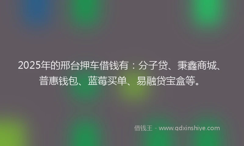 2025年的邢台押车借钱有：分子贷、秉鑫商城、普惠钱包、蓝莓买单、易融贷宝盒等。