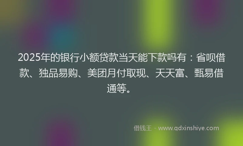 2025年的银行小额贷款当天能下款吗有：省呗借款、独品易购、美团月付取现、天天富、甄易借通等。