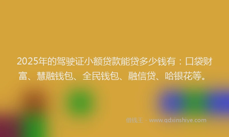 2025年的驾驶证小额贷款能贷多少钱有：口袋财富、慧融钱包、全民钱包、融信贷、哈银花等。