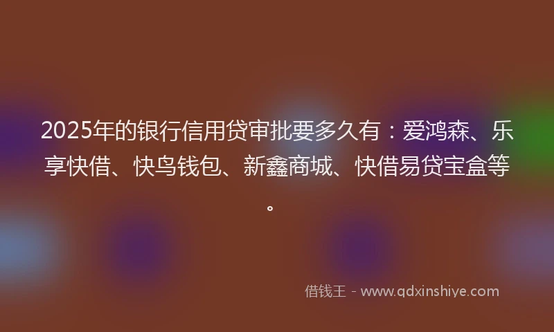 2025年的银行信用贷审批要多久有：爱鸿森、乐享快借、快鸟钱包、新鑫商城、快借易贷宝盒等。