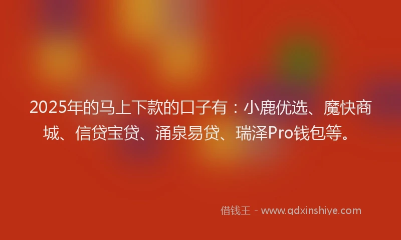2025年的马上下款的口子有：小鹿优选、魔快商城、信贷宝贷、涌泉易贷、瑞泽Pro钱包等。