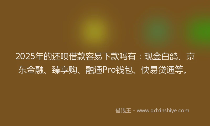 2025年的还呗借款容易下款吗有：现金白鸽、京东金融、臻享购、融通Pro钱包、快易贷通等。