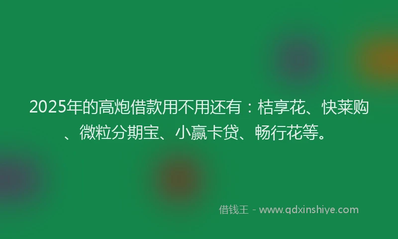 2025年的高炮借款用不用还有：桔享花、快莱购、微粒分期宝、小赢卡贷、畅行花等。