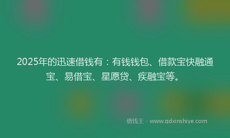 2025年的迅速借钱有：有钱钱包、借款宝快融通宝、易借宝、星愿贷、疾融宝等。