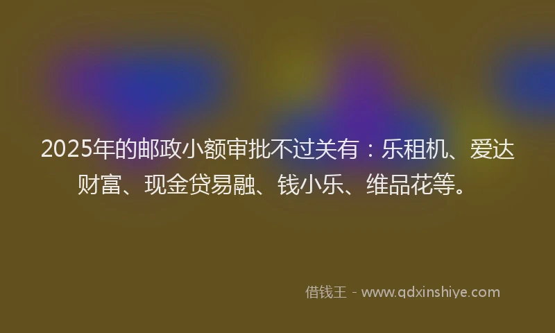 2025年的邮政小额审批不过关有：乐租机、爱达财富、现金贷易融、钱小乐、维品花等。