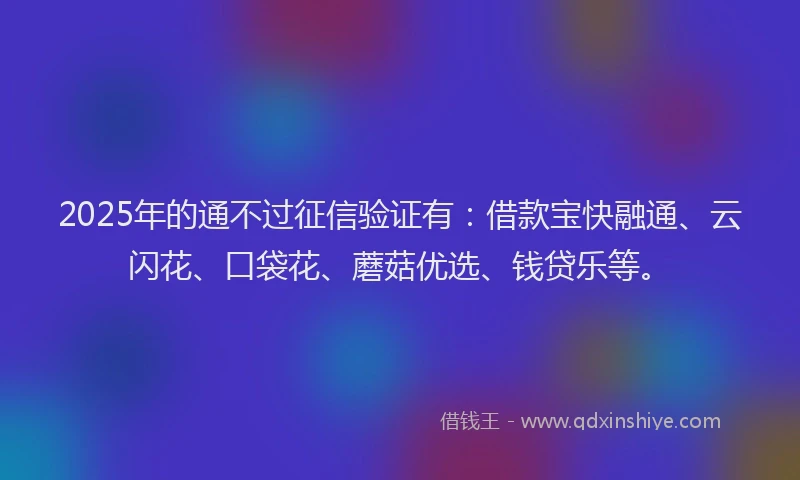 2025年的通不过征信验证有：借款宝快融通、云闪花、口袋花、蘑菇优选、钱贷乐等。