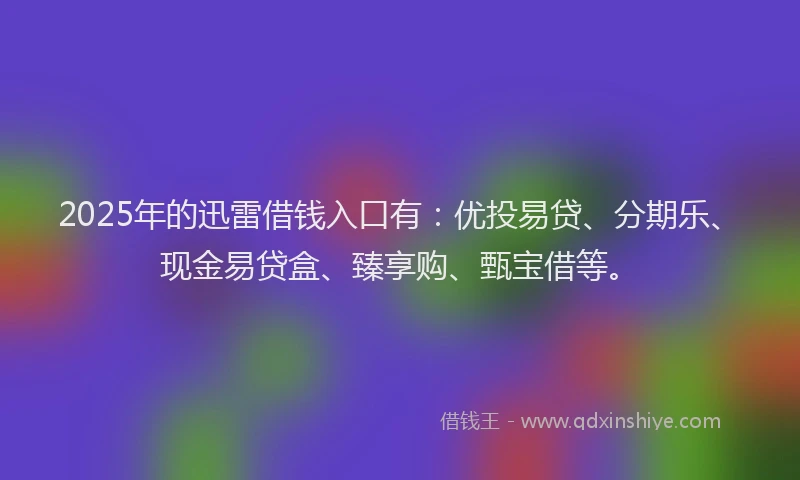 2025年的迅雷借钱入口有：优投易贷、分期乐、现金易贷盒、臻享购、甄宝借等。
