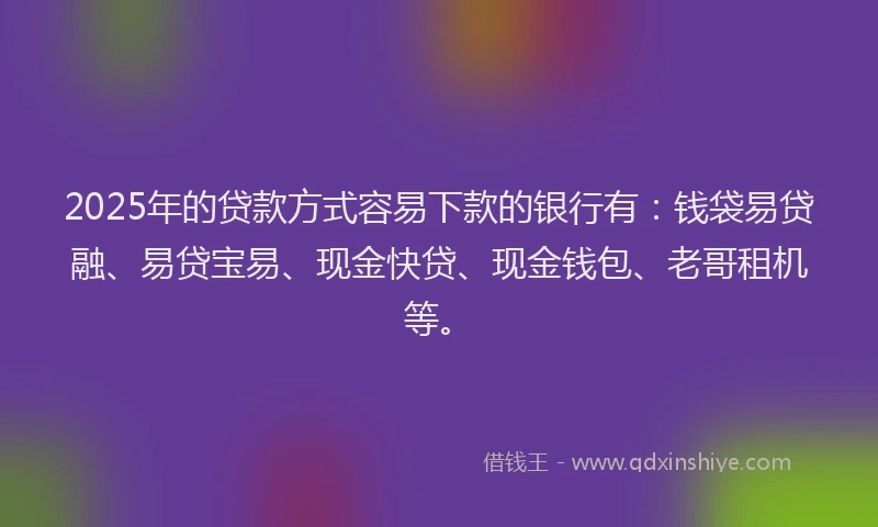 2025年的贷款方式容易下款的银行有：钱袋易贷融、易贷宝易、现金快贷、现金钱包、老哥租机等。