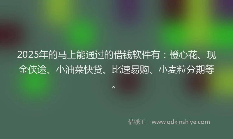 2025年的马上能通过的借钱软件有：橙心花、现金侠途、小油菜快贷、比速易购、小麦粒分期等。