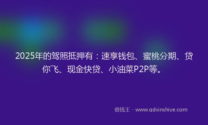 2025年的驾照抵押有：速享钱包、蜜桃分期、贷你飞、现金快贷、小油菜P2P等。