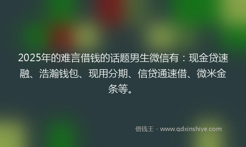 2025年的难言借钱的话题男生微信有：现金贷速融、浩瀚钱包、现用分期、信贷通速借、微米金条等。