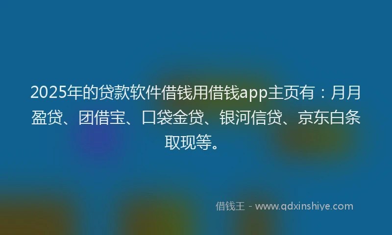 2025年的贷款软件借钱用借钱app主页有：月月盈贷、团借宝、口袋金贷、银河信贷、京东白条取现等。