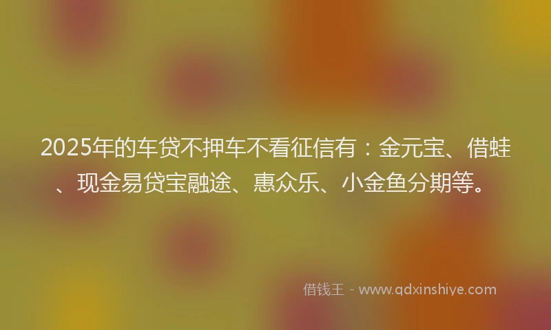 2025年的车贷不押车不看征信有：金元宝、借蛙、现金易贷宝融途、惠众乐、小金鱼分期等。