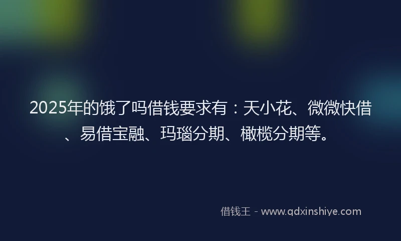 2025年的饿了吗借钱要求有：天小花、微微快借、易借宝融、玛瑙分期、橄榄分期等。