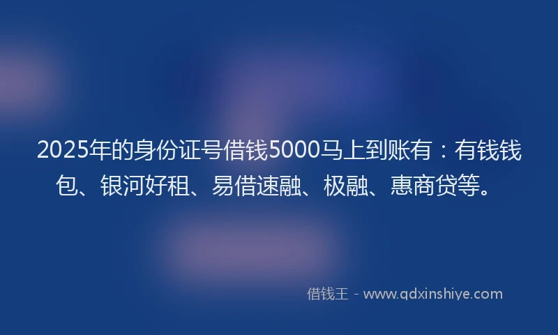 2025年的身份证号借钱5000马上到账有：有钱钱包、银河好租、易借速融、极融、惠商贷等。