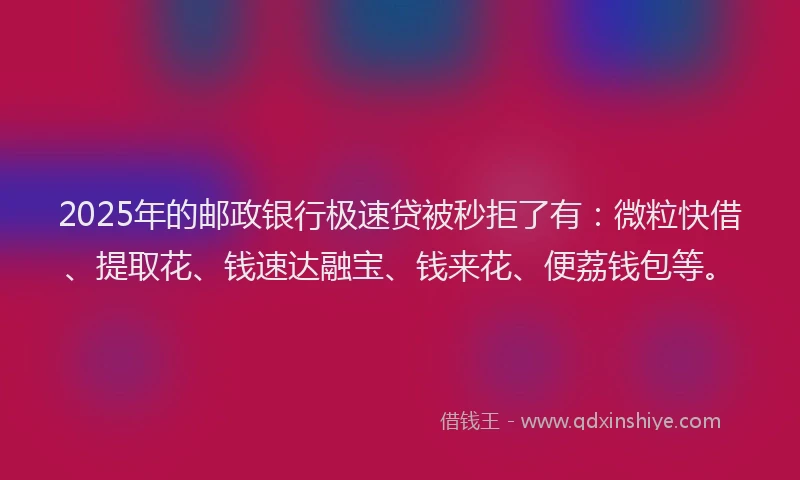 2025年的邮政银行极速贷被秒拒了有：微粒快借、提取花、钱速达融宝、钱来花、便荔钱包等。