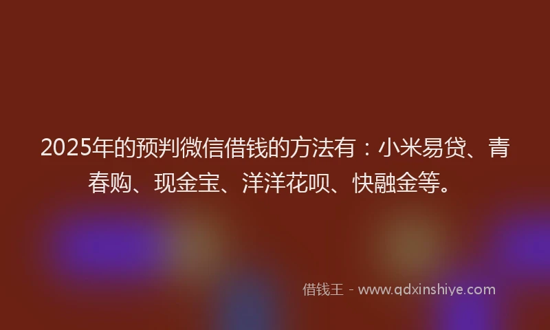 2025年的预判微信借钱的方法有：小米易贷、青春购、现金宝、洋洋花呗、快融金等。