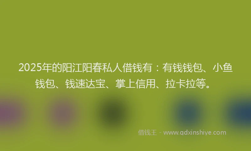 2025年的阳江阳春私人借钱有:有钱钱包、小鱼钱包、钱速达宝、掌上信用、拉卡拉等。