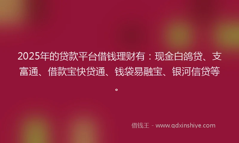 2025年的贷款平台借钱理财有：现金白鸽贷、支富通、借款宝快贷通、钱袋易融宝、银河信贷等。