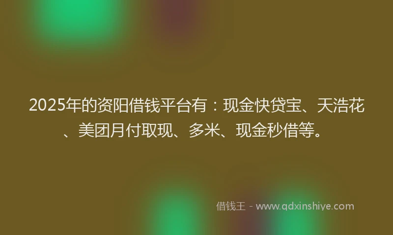 2025年的资阳借钱平台有：现金快贷宝、天浩花、美团月付取现、多米、现金秒借等。