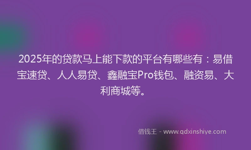 2025年的贷款马上能下款的平台有哪些有：易借宝速贷、人人易贷、鑫融宝Pro钱包、融资易、大利商城等。