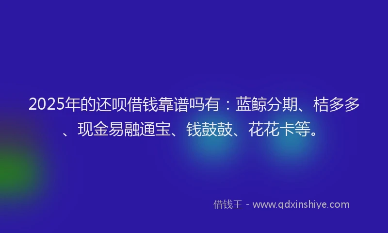 2025年的还呗借钱靠谱吗有：蓝鲸分期、桔多多、现金易融通宝、钱鼓鼓、花花卡等。