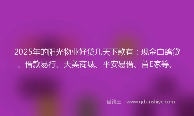 2025年的阳光物业好贷几天下款有：现金白鸽贷、借款易行、天美商城、平安易借、首E家等。