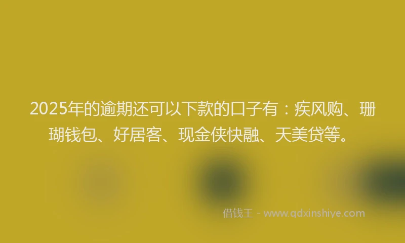 2025年的逾期还可以下款的口子有：疾风购、珊瑚钱包、好居客、现金侠快融、天美贷等。