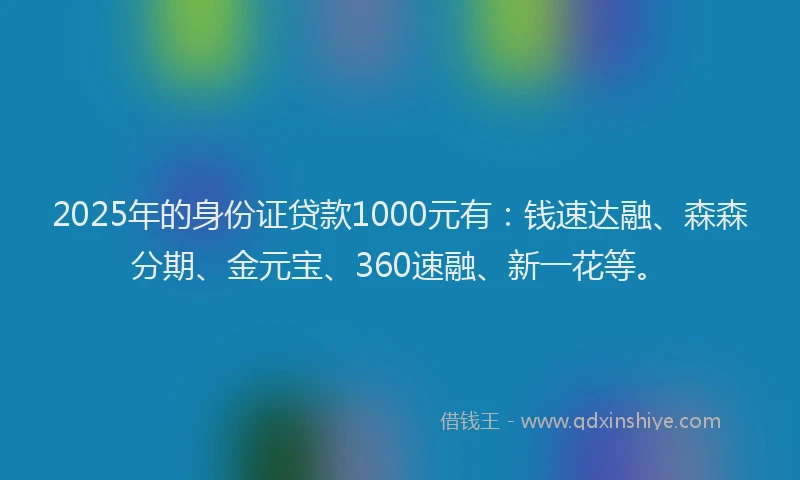 2025年的身份证贷款1000元有：钱速达融、森森分期、金元宝、360速融、新一花等。