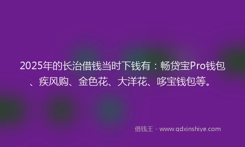 2025年的长治借钱当时下钱有：畅贷宝Pro钱包、疾风购、金色花、大洋花、哆宝钱包等。