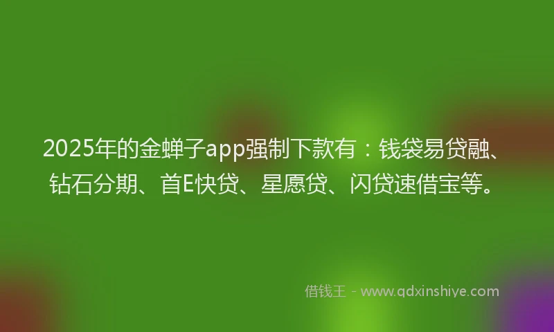 2025年的金蝉子app强制下款有：钱袋易贷融、钻石分期、首E快贷、星愿贷、闪贷速借宝等。