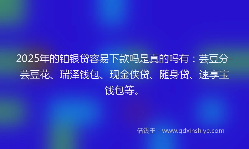 2025年的铂银贷容易下款吗是真的吗有：芸豆分-芸豆花、瑞泽钱包、现金侠贷、随身贷、速享宝钱包等。