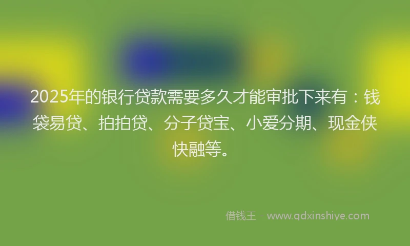2025年的银行贷款需要多久才能审批下来有：钱袋易贷、拍拍贷、分子贷宝、小爱分期、现金侠快融等。