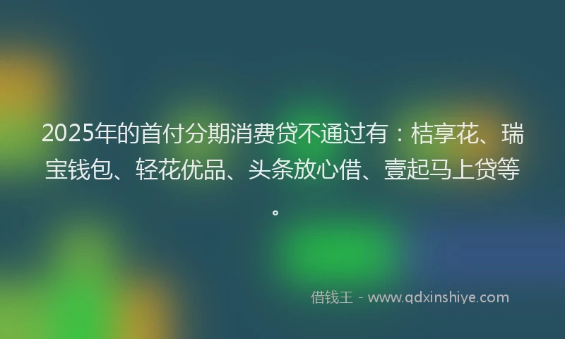 2025年的首付分期消费贷不通过有：桔享花、瑞宝钱包、轻花优品、头条放心借、壹起马上贷等。