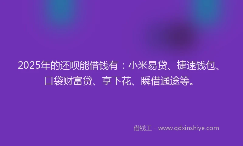 2025年的还呗能借钱有：小米易贷、捷速钱包、口袋财富贷、享下花、瞬借通途等。