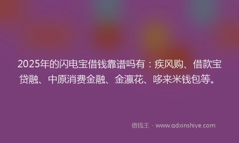 2025年的闪电宝借钱靠谱吗有:疾风购、借款宝贷融、中原消费金融、金瀛花、哆来米钱包等。