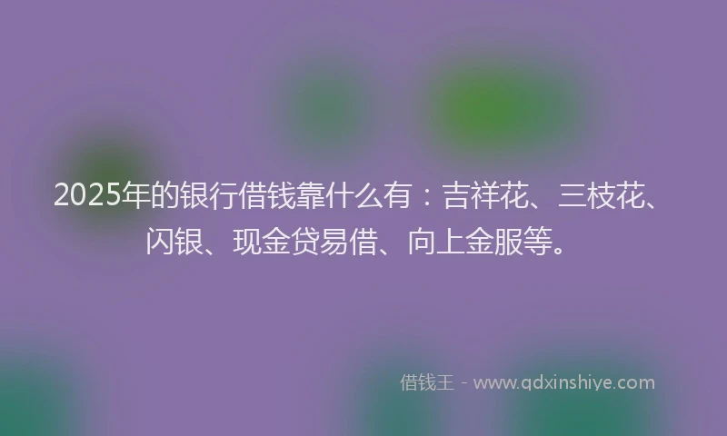 2025年的银行借钱靠什么有：吉祥花、三枝花、闪银、现金贷易借、向上金服等。