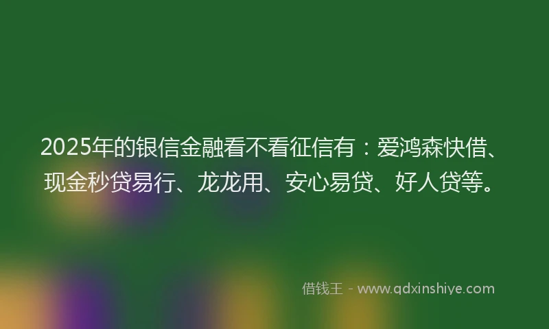 2025年的银信金融看不看征信有：爱鸿森快借、现金秒贷易行、龙龙用、安心易贷、好人贷等。