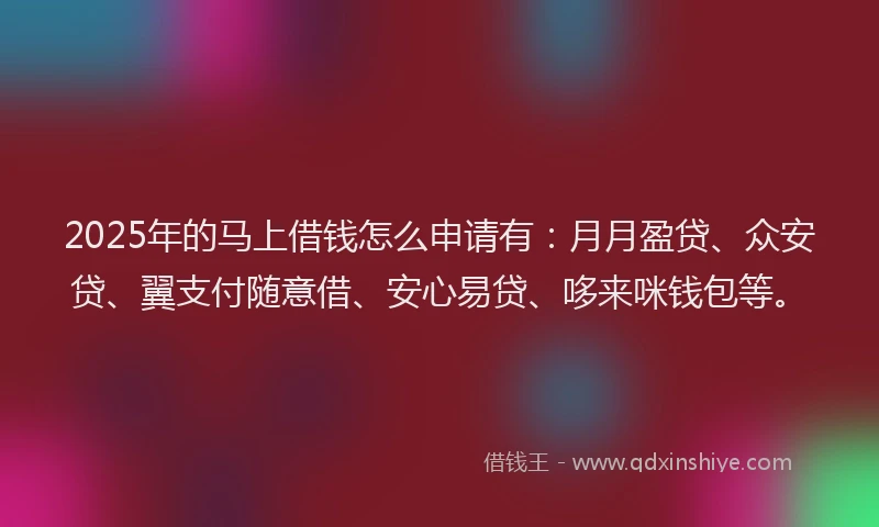 2025年的马上借钱怎么申请有：月月盈贷、众安贷、翼支付随意借、安心易贷、哆来咪钱包等。
