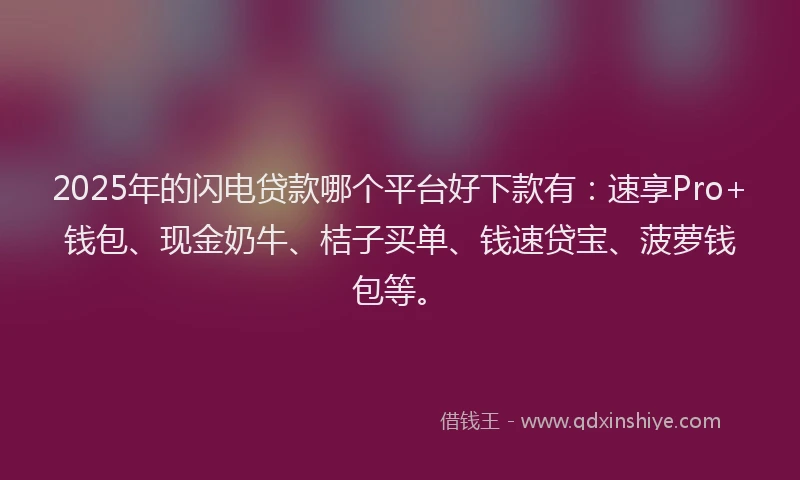2025年的闪电贷款哪个平台好下款有：速享Pro+钱包、现金奶牛、桔子买单、钱速贷宝、菠萝钱包等。