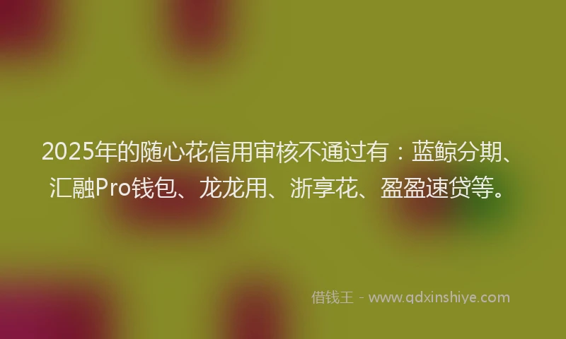 2025年的随心花信用审核不通过有：蓝鲸分期、汇融Pro钱包、龙龙用、浙享花、盈盈速贷等。